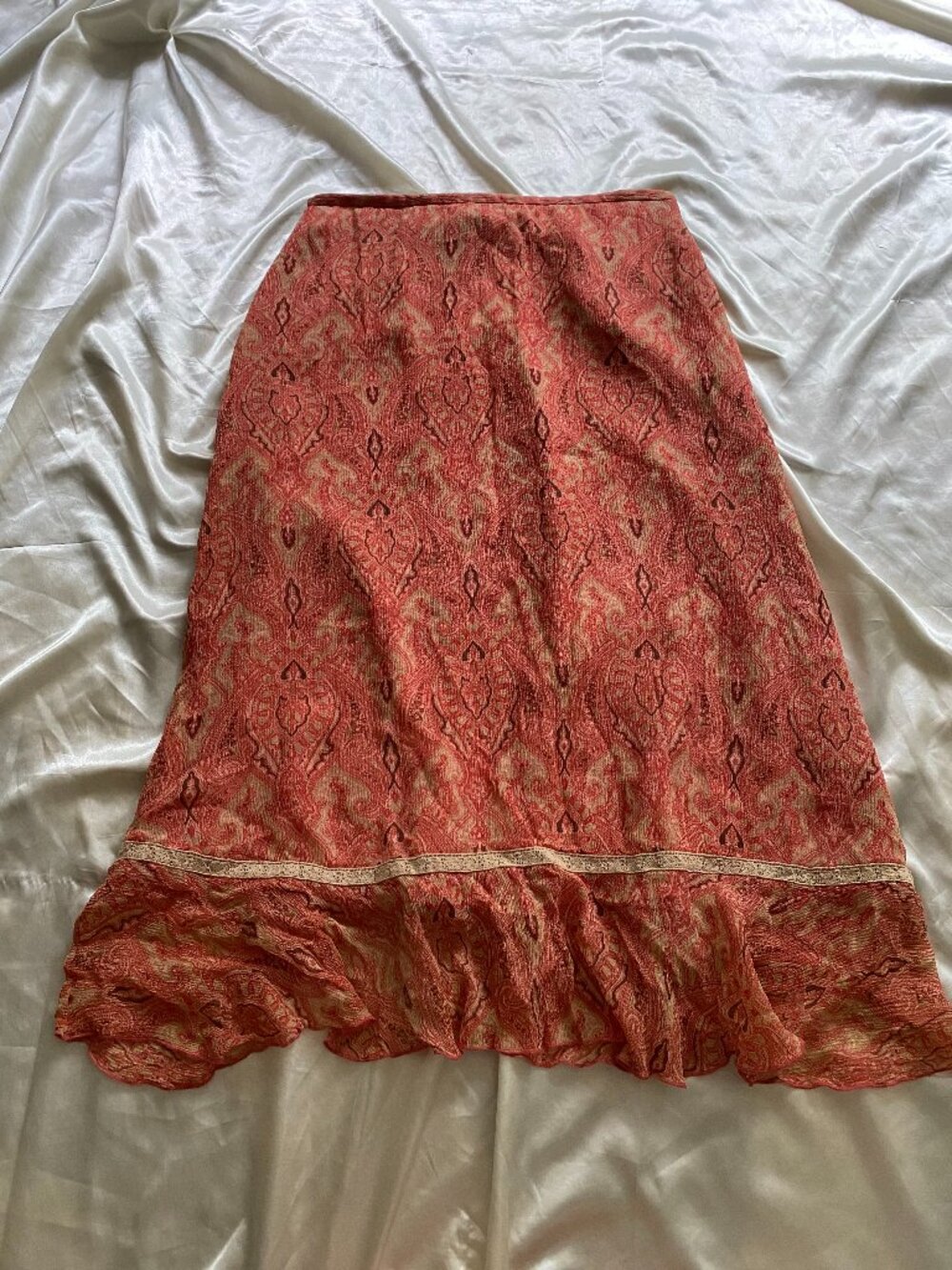 Vintage y2k 100% Silk Orange Paisley Lace Ruffle Midi Skirt Boho Fairy Size 4